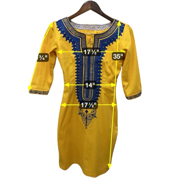 126 Like New | Handmade Women’s Yellow and Blue Embroidered Dress (size S) - Picture 6 of 9